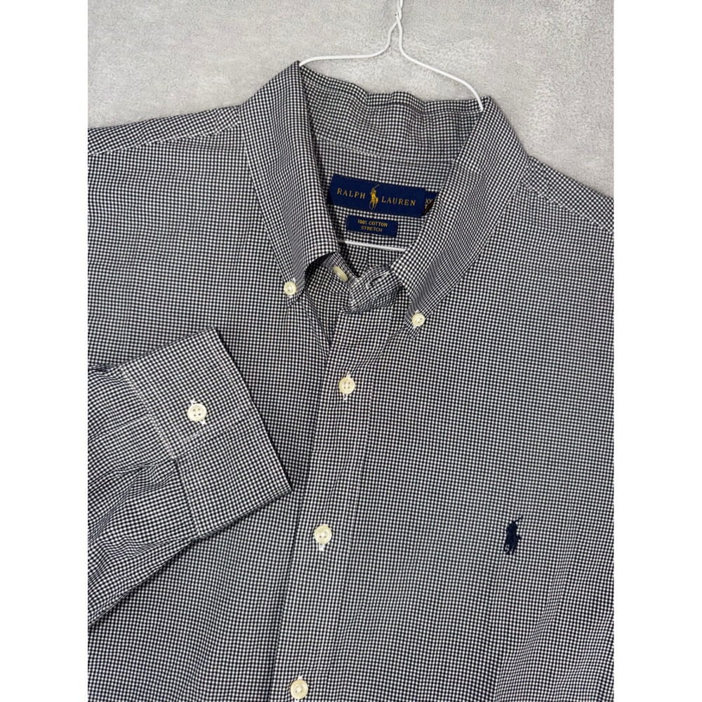 Ralph Lauren Mens XXL Gingham Check Button Down Shirt Black White Cotton Stretch